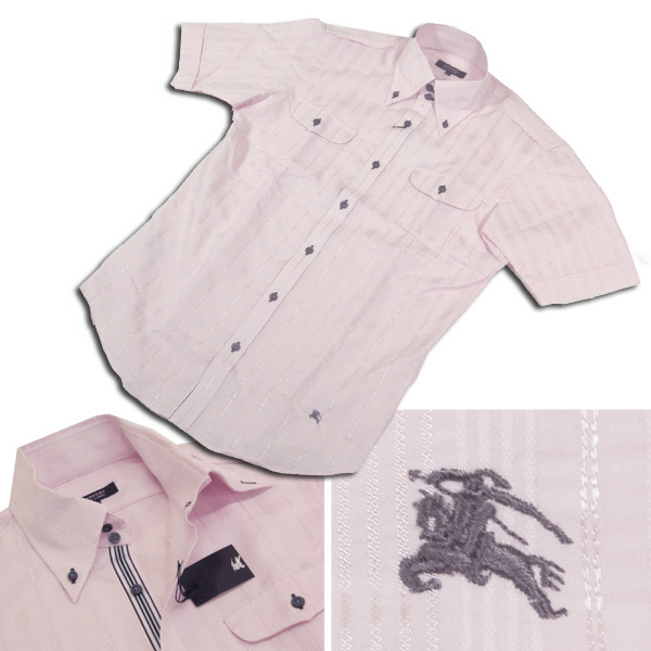 未使用タグ付き BURBERRY BLACK LABEL ストライプ 半袖シャツ 幻の新品タグ付 大人気 L(3) 前立てバーバリーストライプ